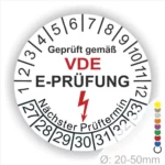VDE E-Prüfungsaufkleber mit Prüfintervall, zeigt den nächsten Prüftermin und ist geeignet für Geräte mit einem Durchmesser von 20-50 mm.