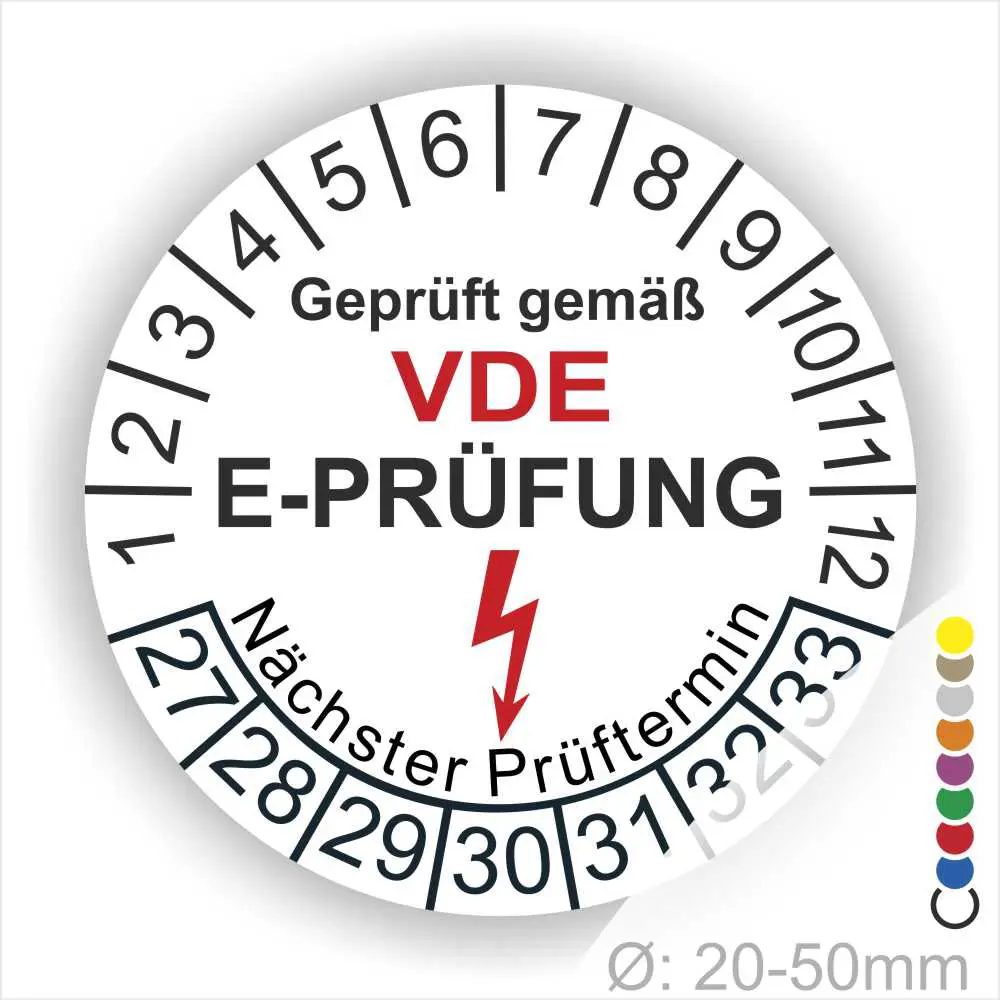 VDE E-Prüfungsaufkleber mit Prüfintervall, zeigt den nächsten Prüftermin und ist geeignet für Geräte mit einem Durchmesser von 20-50 mm.