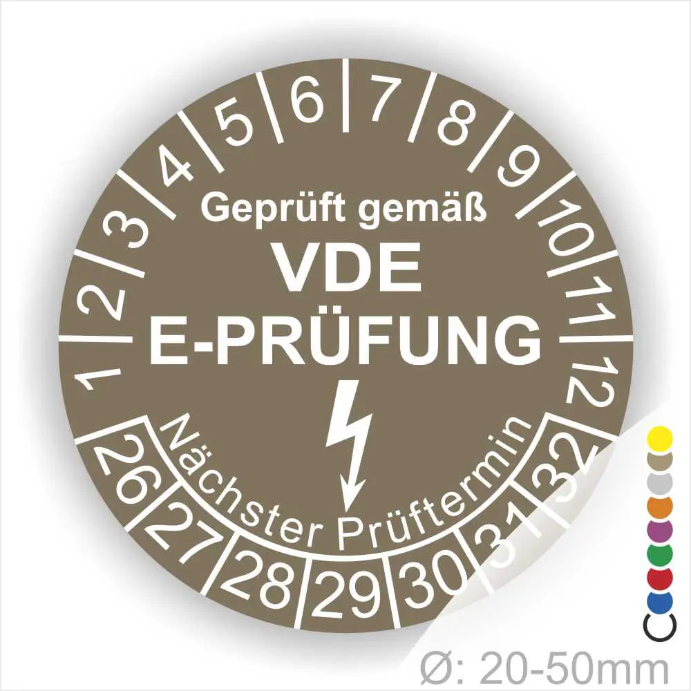 VDE E-Prüfungsaufkleber mit Prüfdatum und nächsten Prüfterminen, geeignet für Geräte mit einem Durchmesser von 20-50 mm.