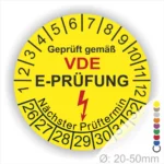 Gelbe runde VDE E-Prüfung Prüfplakette mit Jahresring, Blitzsymbol und Aufdruck „Geprüft gemäß VDE – Nächster Prüftermin“, Durchmesser 20–50 mm