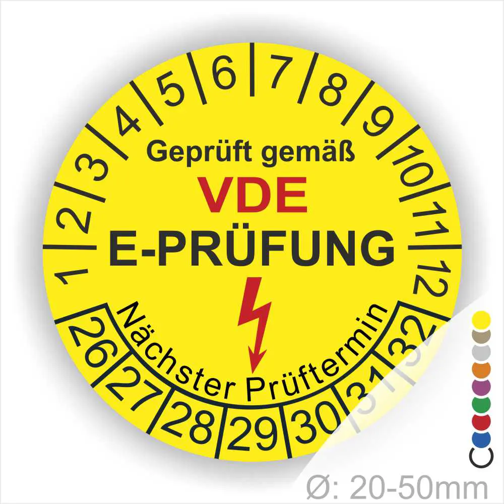 Gelbe runde VDE E-Prüfung Prüfplakette mit Jahresring, Blitzsymbol und Aufdruck „Geprüft gemäß VDE – Nächster Prüftermin“, Durchmesser 20–50 mm