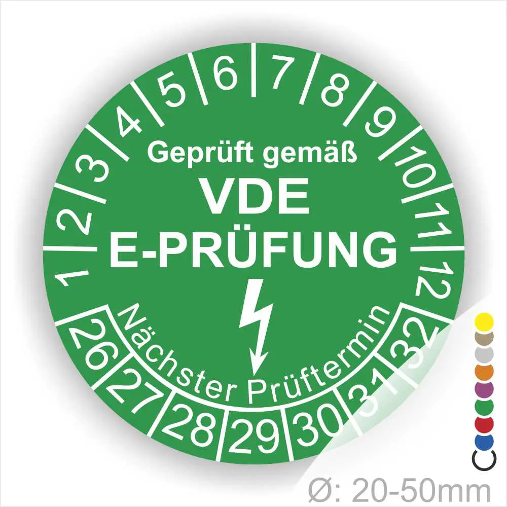 VDE E-Prüfungsplakette in grün mit Prüfnummern von 1 bis 32, Hinweis auf den nächsten Prüftermin, geeignet für Geräte mit einem Durchmesser von 20-50 mm.