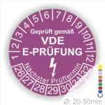 VDE E-Prüfung Aufkleber zur Kennzeichnung von elektrischen Geräten, geprüft gemäß VDE-Richtlinien, mit Angaben zum nächsten Prüftermin und Durchmesser von 20-50 mm.