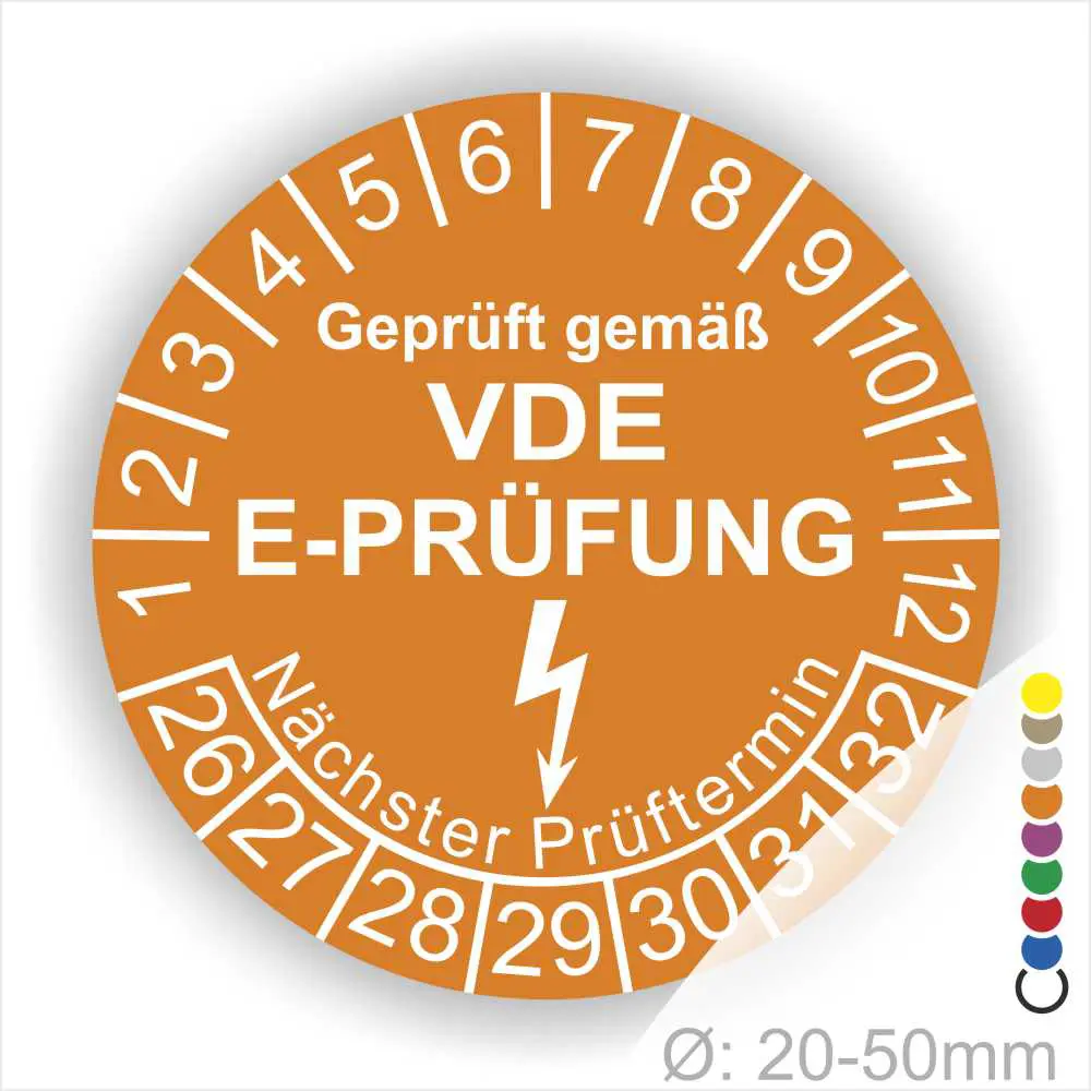 VDE E-Prüfungsaufkleber mit Prüfintervall und nächstem Prüftermin, Ø 20-50mm, orangefarbener Hintergrund mit weißen Zahlen.