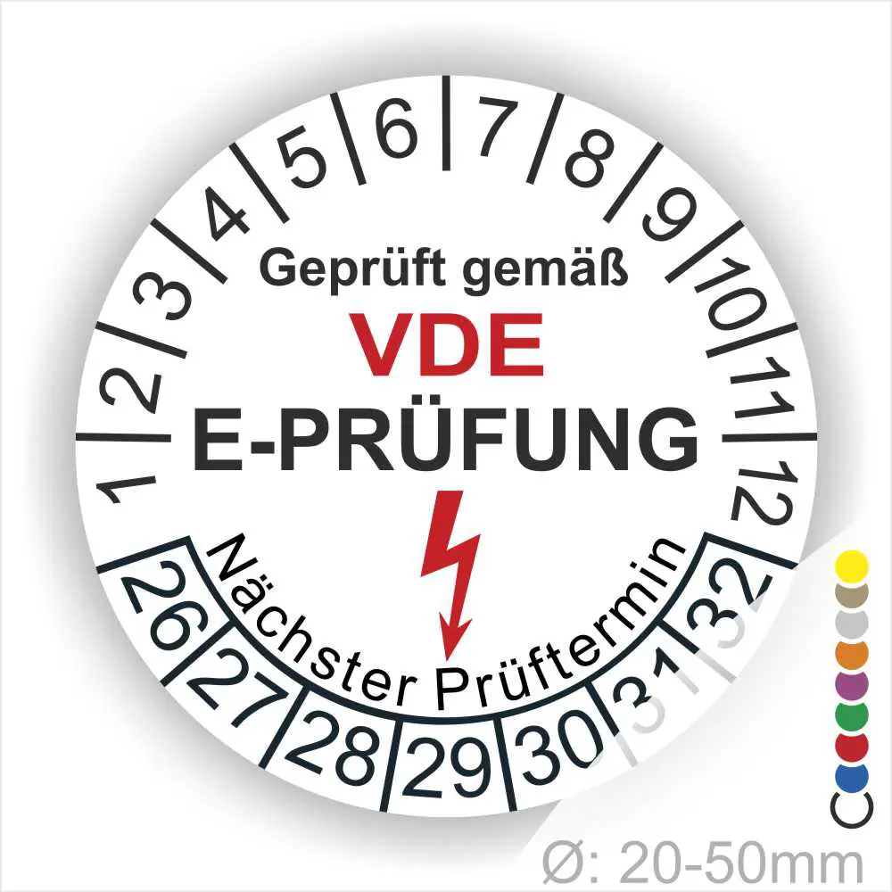 Alt-Text: VDE E-Prüfungsaufkleber mit Prüfdatum und nächstem Prüftermin, Durchmesser 20-50 mm, zur Kennzeichnung elektrischer Sicherheit.